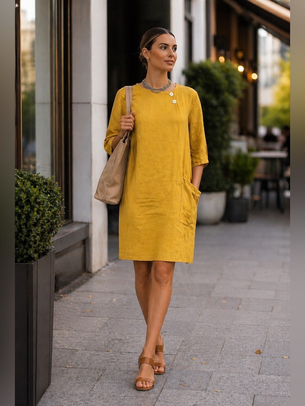 GIUSEPPA COLLECTION Women's Mustard Linen Crew Neck 3/4 Sleeves Dress Onesize